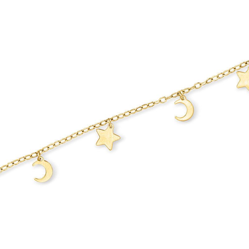 14kt yellow gold bracelet with crescent moons and star charms along the chain