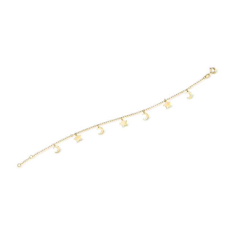 14kt yellow gold moon and stars bracelet with charm drops and spring-ring clasp