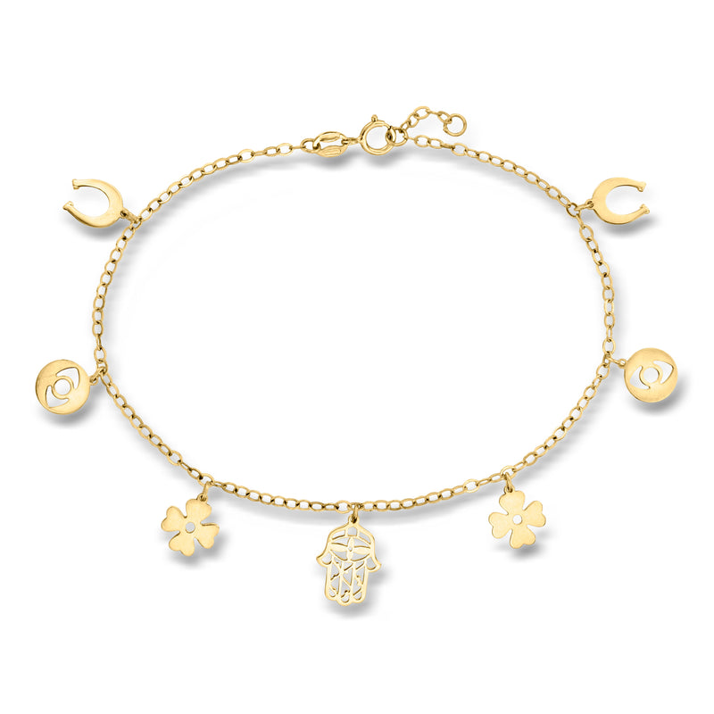 14kt yellow gold charm bracelet with horseshoe, hamsa hand, clover, and round charms