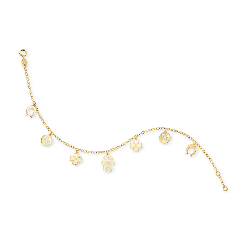 14kt yellow gold charm bracelet with horseshoe, hamsa hand, clover, and spiral charms