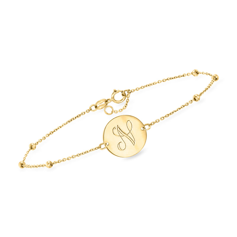 14kt yellow gold personalized disc bracelet with engraved initial, linked chain and clasp