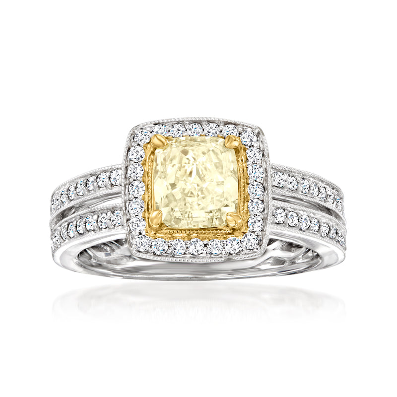 Yellow and white diamond ring in 18kt two-tone gold with halo and split shank