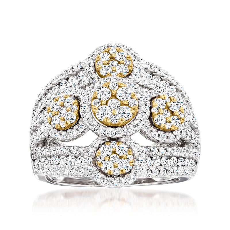 Two-tone gold diamond cluster ring with three round center stones and pave rows