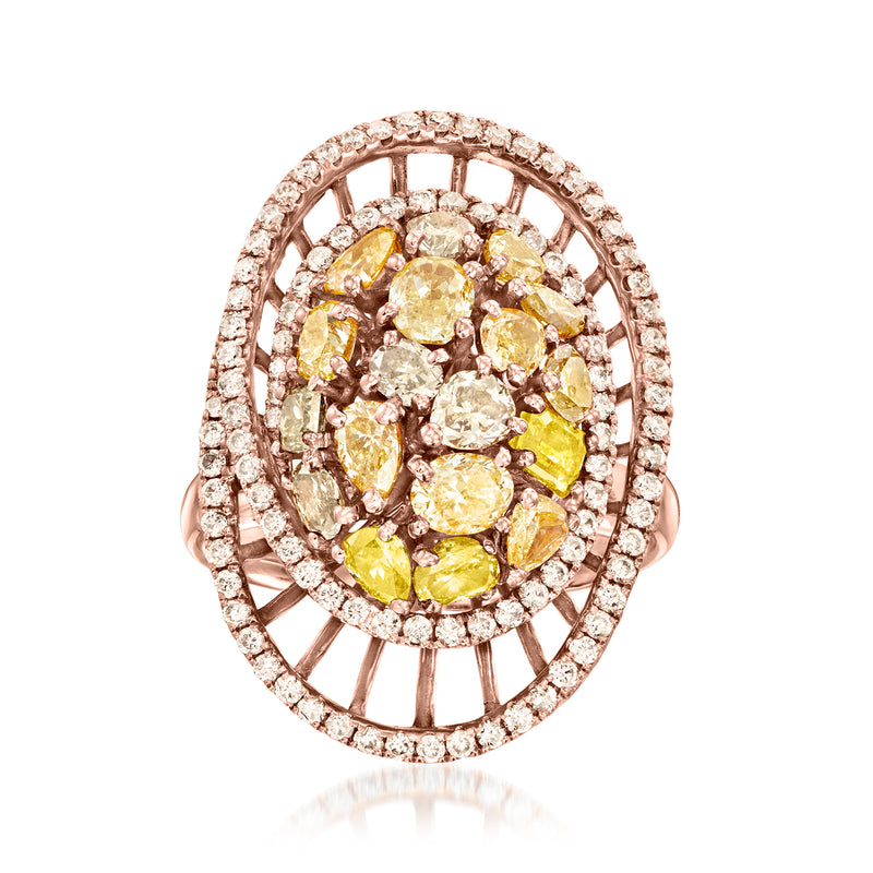 Rose gold multicolored diamond swirl ring with oval pavé halo