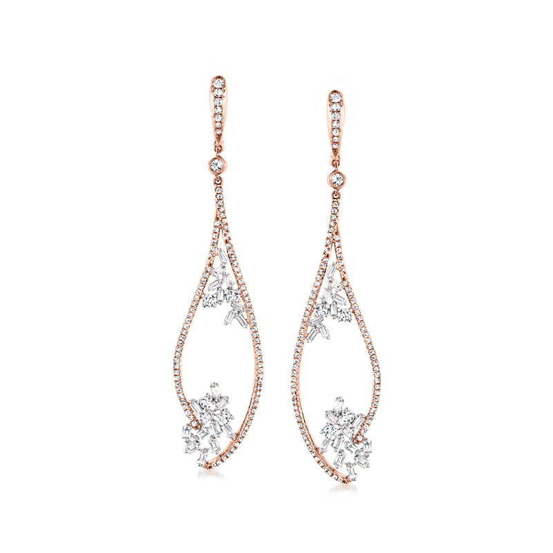 Diamond open-space teardrop earrings in two-tone gold with dangling diamond clusters