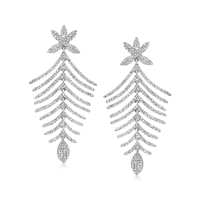 18kt white gold diamond chevron drop earrings with starburst and dangling teardrops
