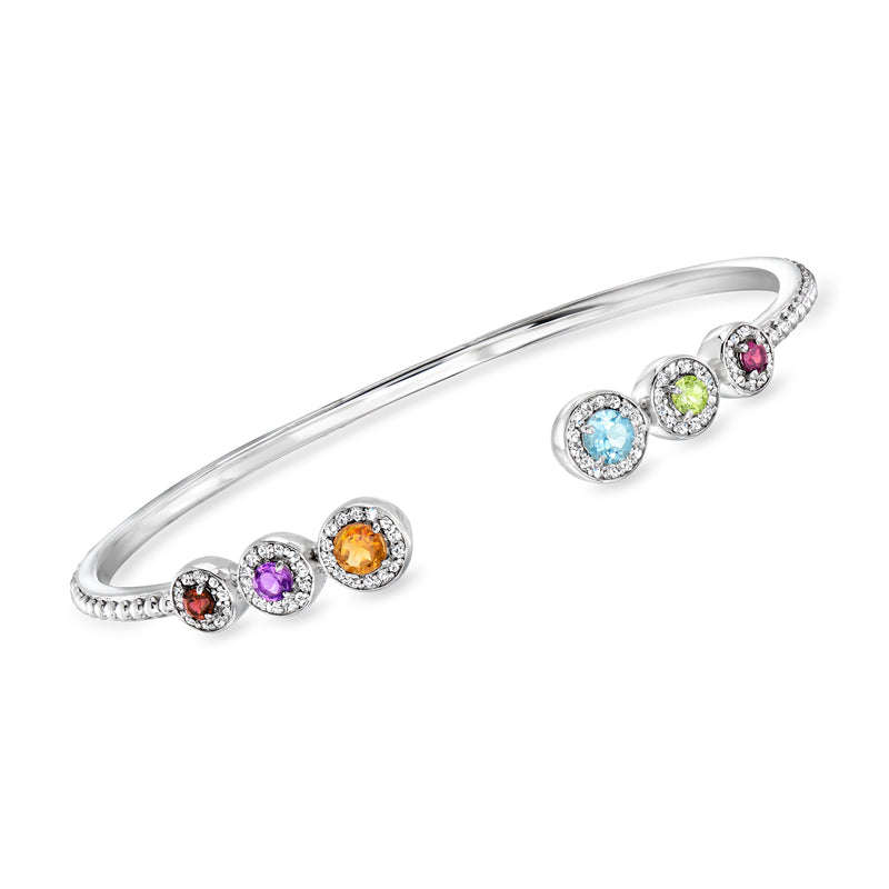 Sterling silver cuff bracelet with multicolor gemstone round clusters and prong settings