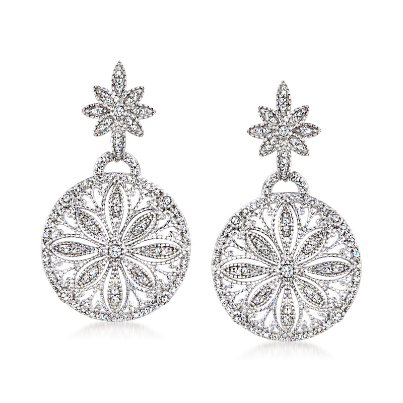 Diamond flower drop earrings in sterling silver with round filigree pendants