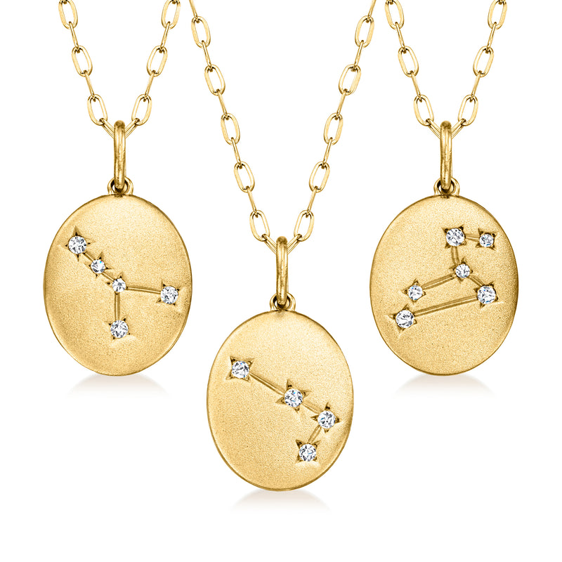Gold-plated oval zodiac pendant necklace with diamond constellation, three pendants on chain