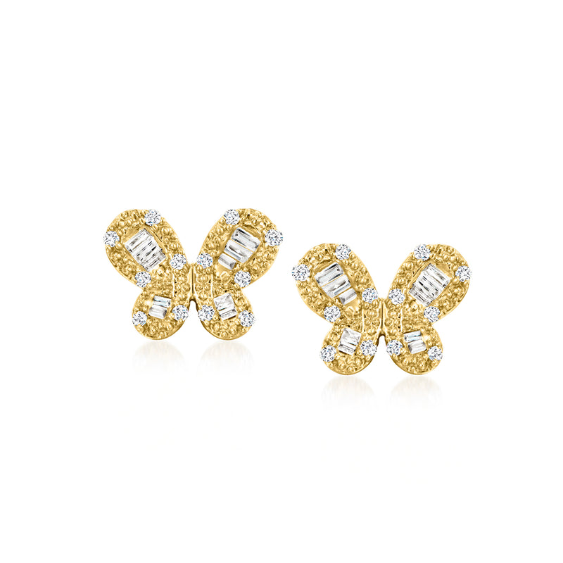 14kt yellow gold diamond butterfly stud earrings with post backs
