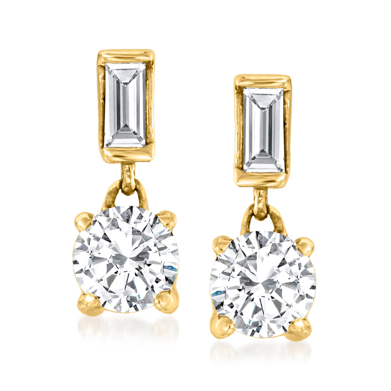 14kt yellow gold post diamond earrings with baguette and round stones and halo accents