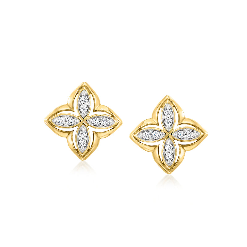 14kt yellow gold diamond flower post stud earrings with four oval stones and center