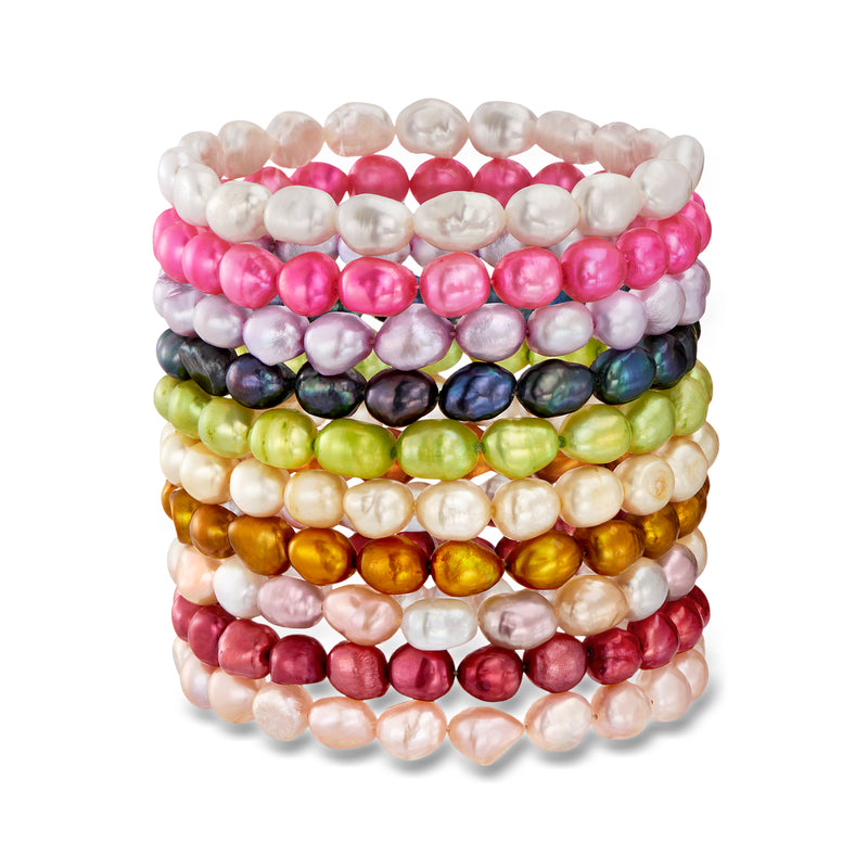 Multicolored cultured pearl stretch bracelet set with ten stacked bracelets