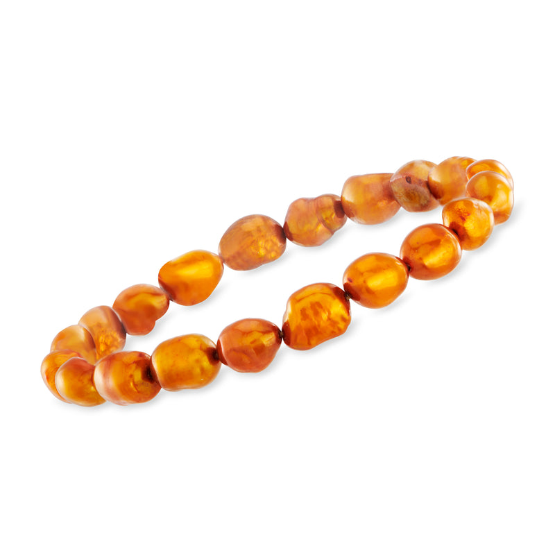 Amber orange cultured pearl stretch bracelet with round glossy pearl beads