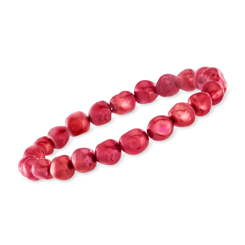Red pink cultured pearl stretch bracelet with smooth round pearl bead design