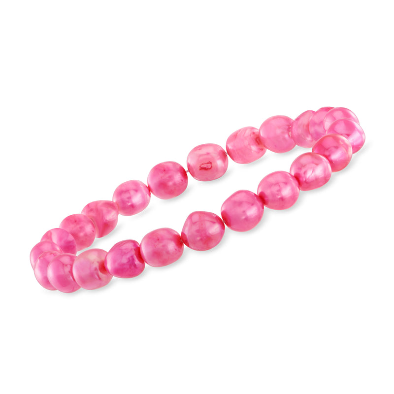 Bright pink cultured pearl stretch bracelet with round glossy pearl beads