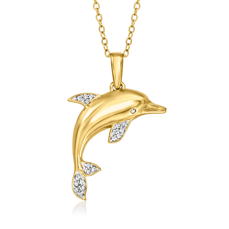 Gold dolphin pendant necklace with small diamond accents on 18kt gold over sterling chain