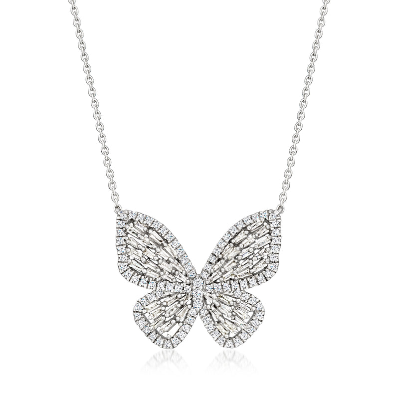 Sterling silver diamond butterfly necklace with pave round stones, winged design