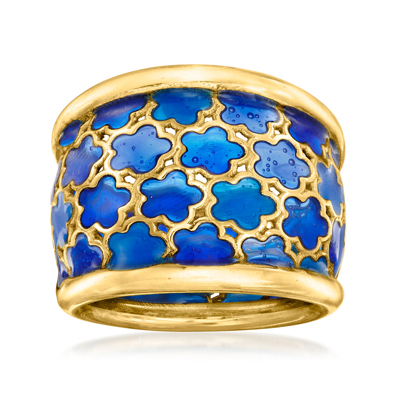 Gold over sterling ring with blue enamel multi-star pattern, wide band.