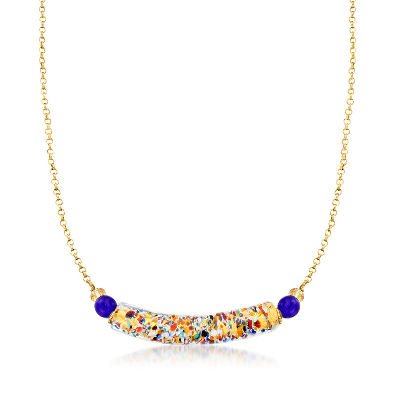 Multicolored Murano glass bead necklace with goldtone chain and blue end beads
