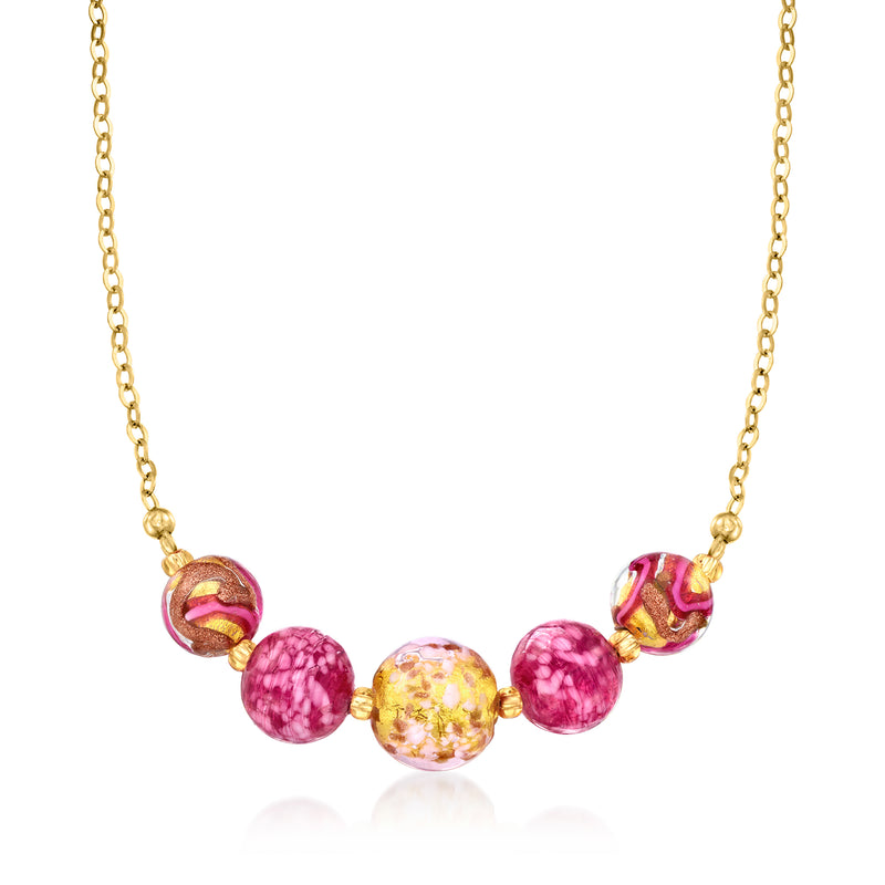 18kt gold over sterling bead necklace with pink and gold Murano glass beads