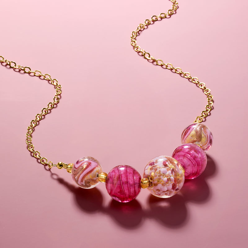 Gold chain Murano bead necklace with pink swirl glass beads and gold accents