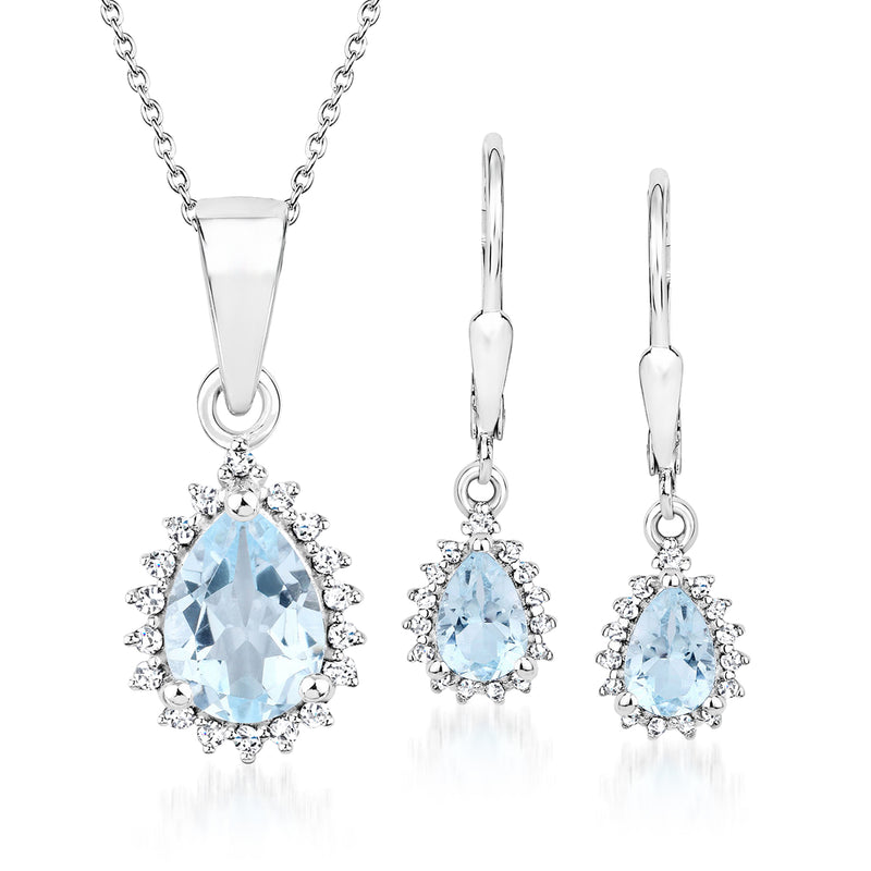 Sterling silver jewelry set with sky-blue topaz teardrop pendant and matching halo earrings