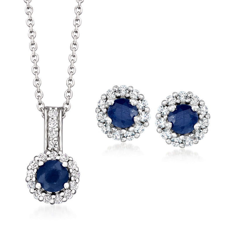 Sterling silver pendant necklace with blue sapphire and white topaz halo drop