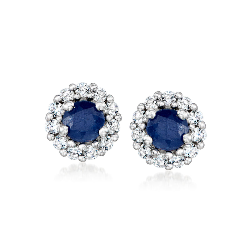Sterling silver stud earrings with blue sapphire round centers and white topaz halos