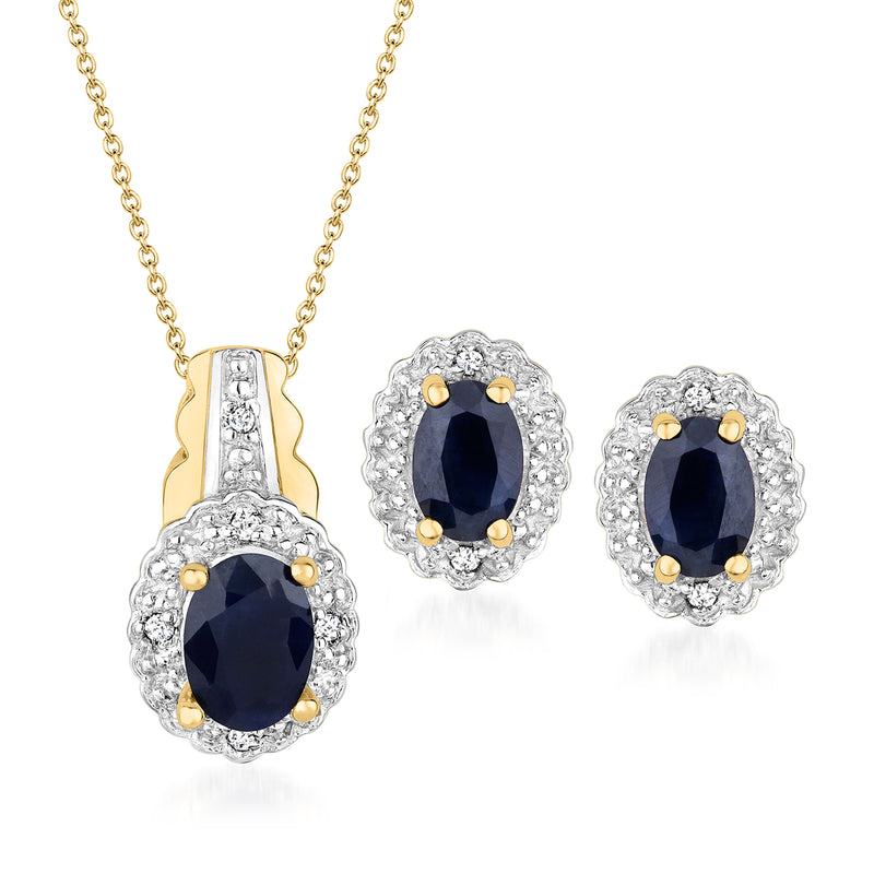 Gold-tone sapphire pendant necklace with oval dark-blue stones and matching stud earrings