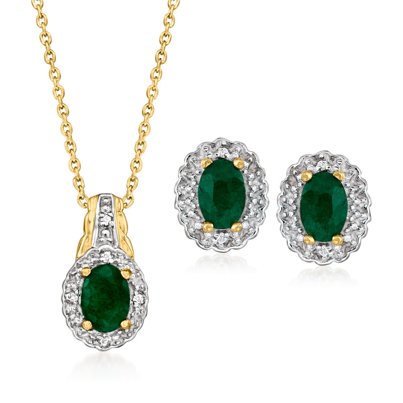 Gold-tone set with oval green gemstones: pendant necklace and halo stud earrings