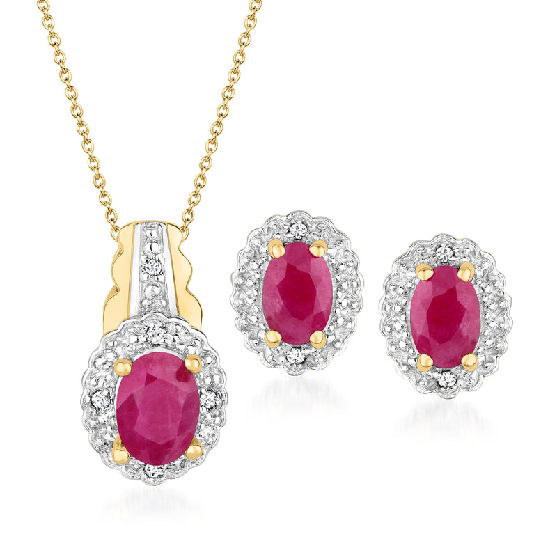Gold over sterling ruby oval pendant and halo stud earrings, white topaz accents