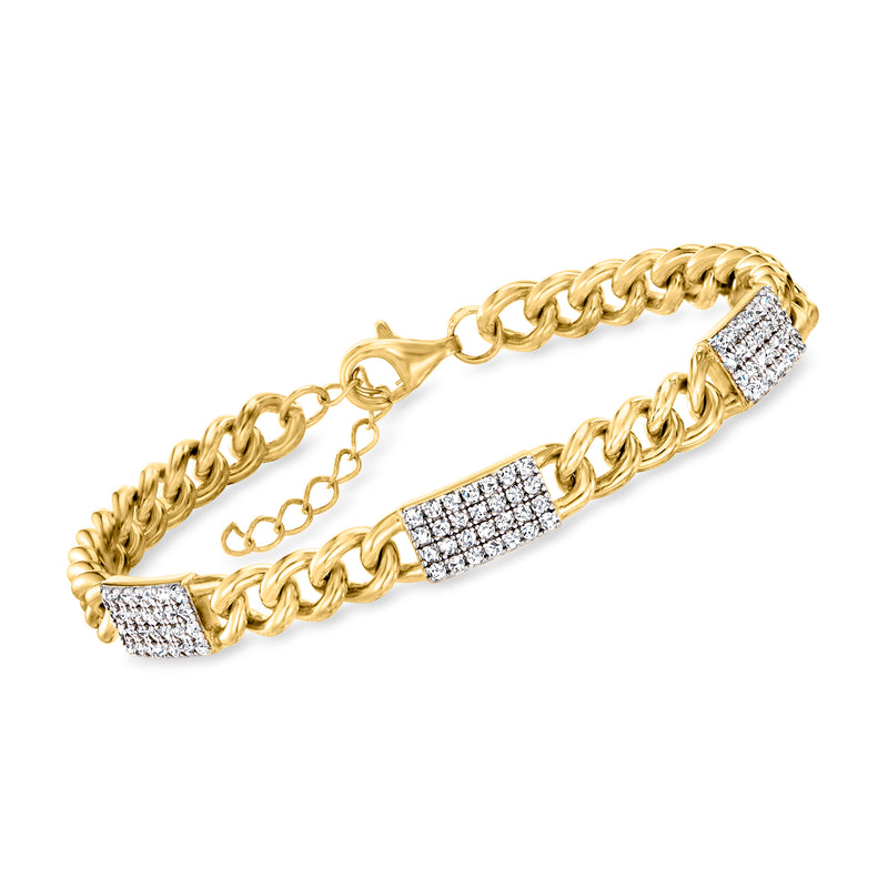 18kt gold over sterling curb-link bracelet with pave CZ bar links and clasp