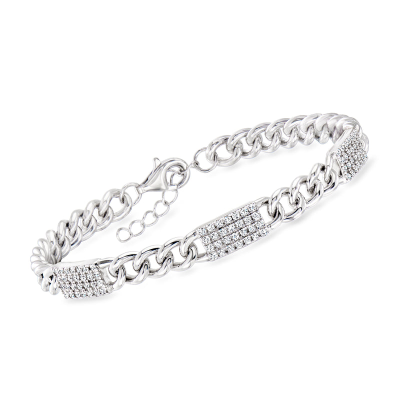 Sterling silver curb-link bracelet with CZ bar stations