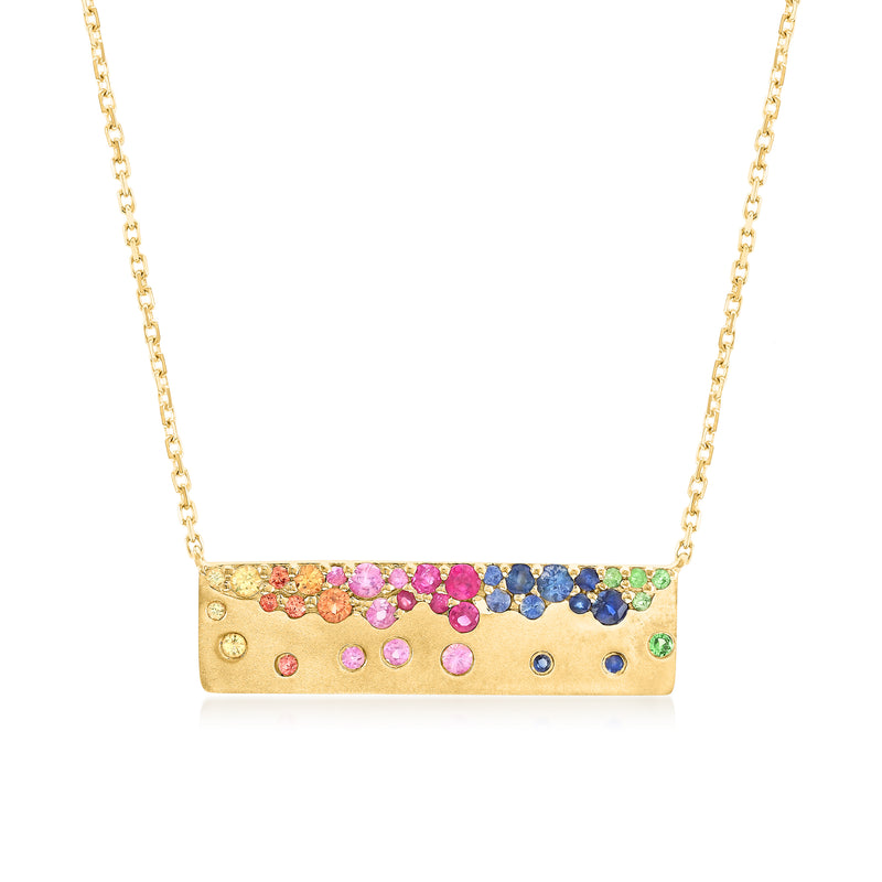 14kt yellow gold bar necklace with multicolor round gemstones in a rainbow row