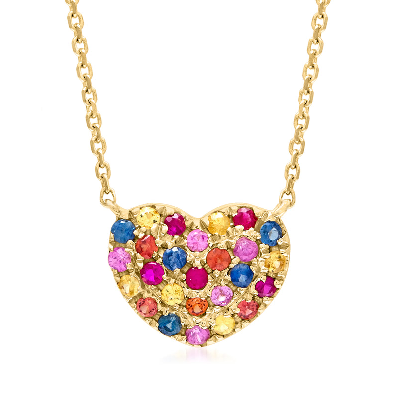 14kt yellow gold heart necklace with multicolor gemstone pendant