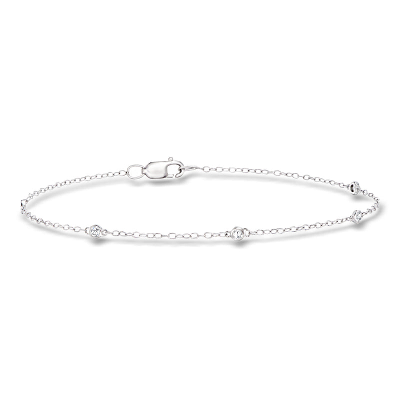 Sterling silver diamond bezel bracelet with round stones on a fine chain