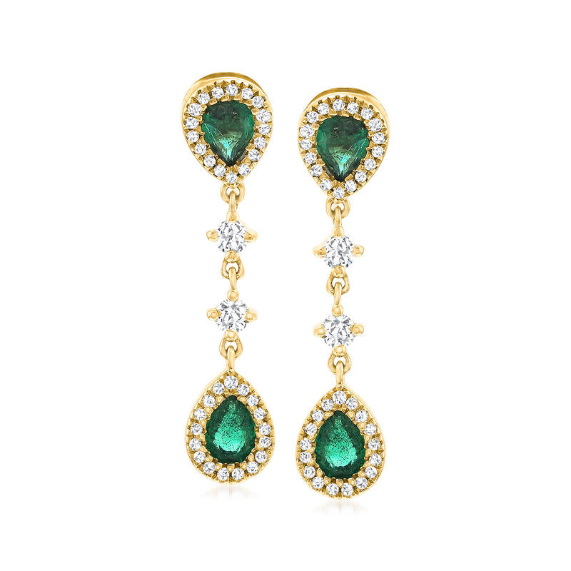 14kt yellow gold drop earrings with emerald-green pear centers and diamond clusters