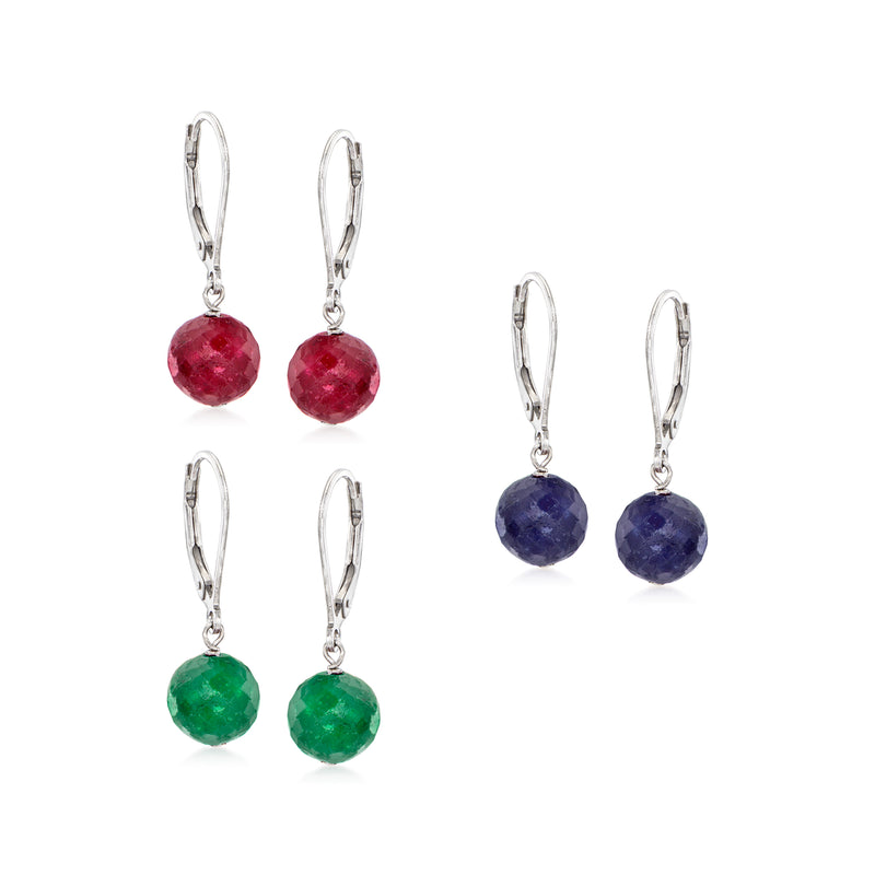 Sterling silver leverback drop bead earrings set with red, blue, and green gemstone pairs