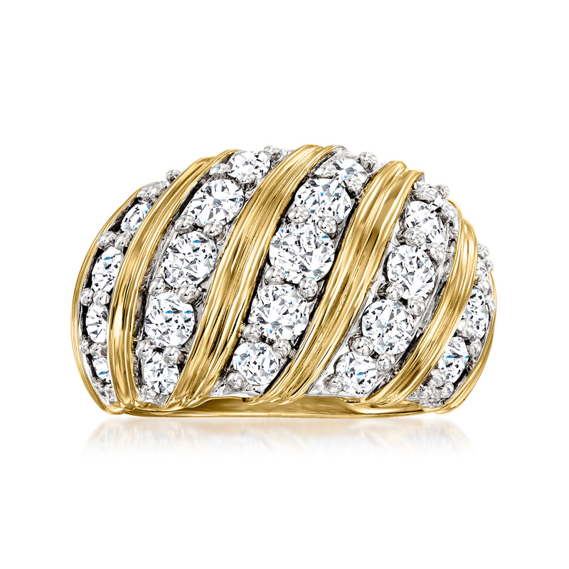 14kt yellow gold diamond striped ring with oval rows of clear stones