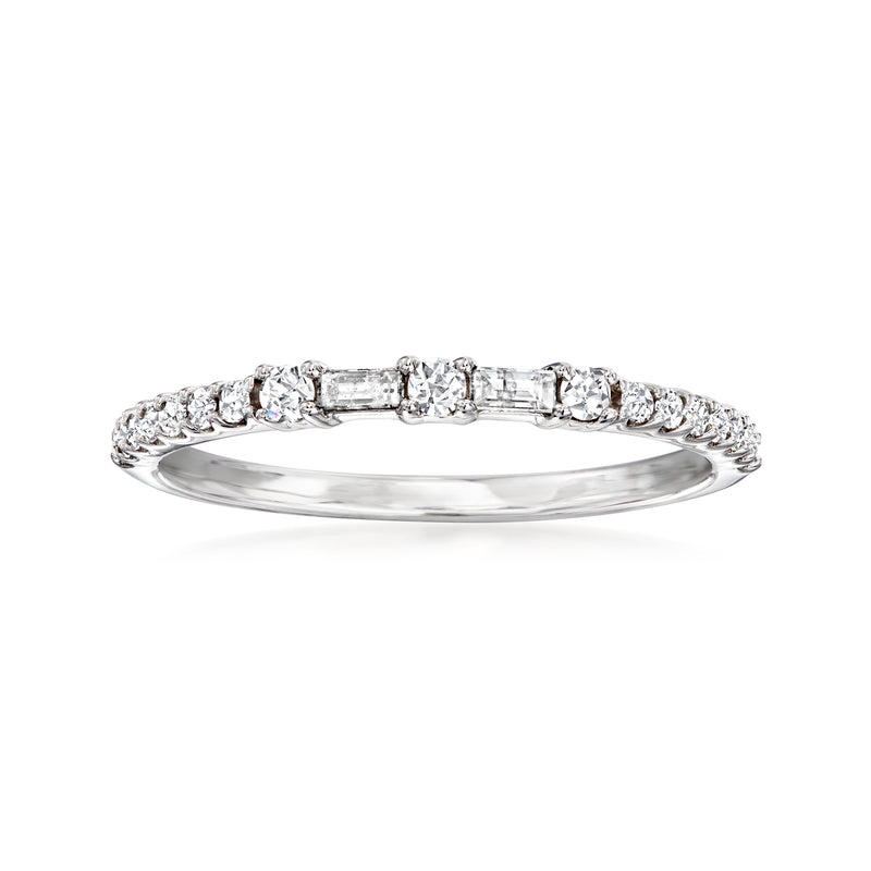Sterling silver diamond ring with baguette and round stones in prong settings