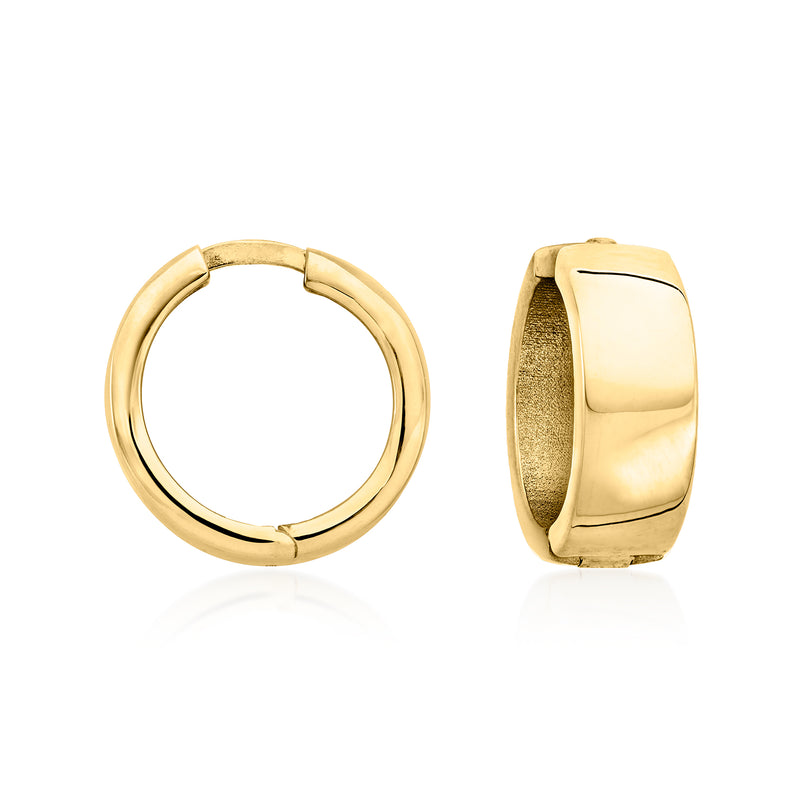 14kt yellow gold huggie hoop earrings, hinged oval hoop, polished finish