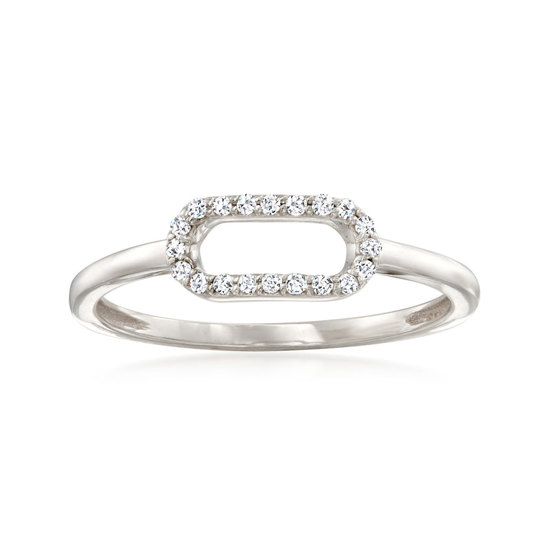 Sterling silver diamond paper clip link ring with a pavé-set oval link