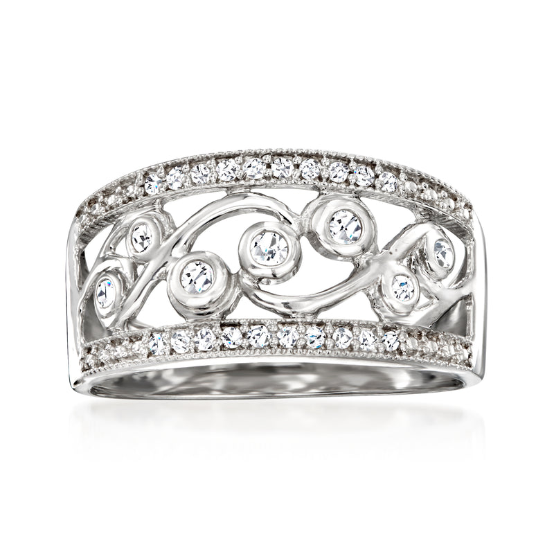Sterling silver diamond swirl band ring with round stones on domed top