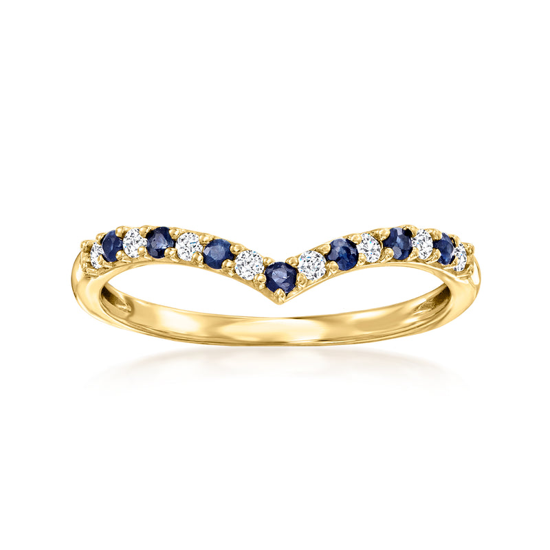 14kt yellow gold ring with oval blue sapphires and round white diamonds in a V design
