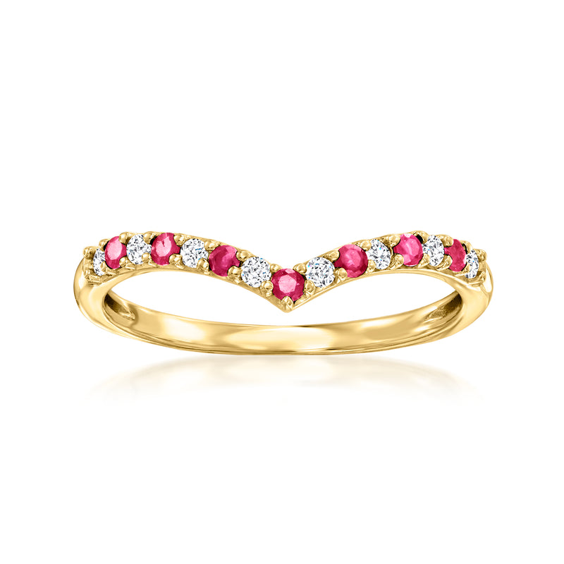 14kt yellow gold chevron ring with pink ruby and white diamond accents