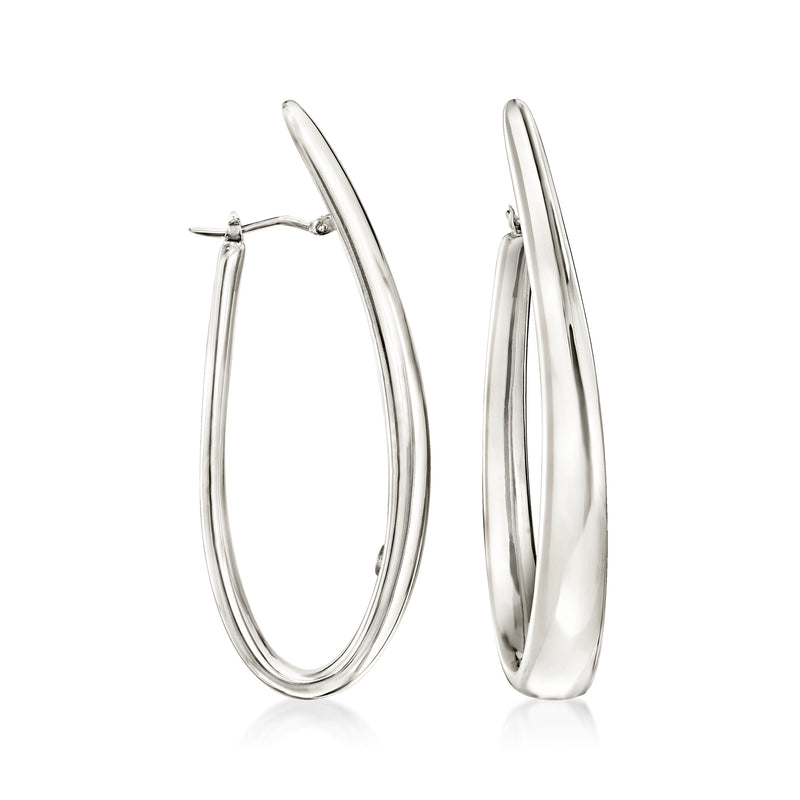 Polished sterling silver hoop earrings with snap closure, oval shape