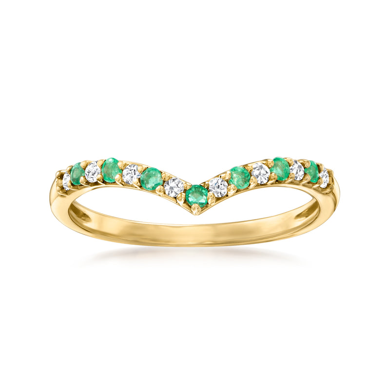 14kt yellow gold chevron ring with green emerald and diamond accents