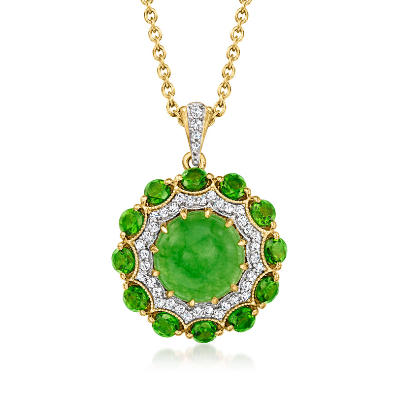 Gold-tone multi-gemstone pendant necklace with green oval center and halo stones