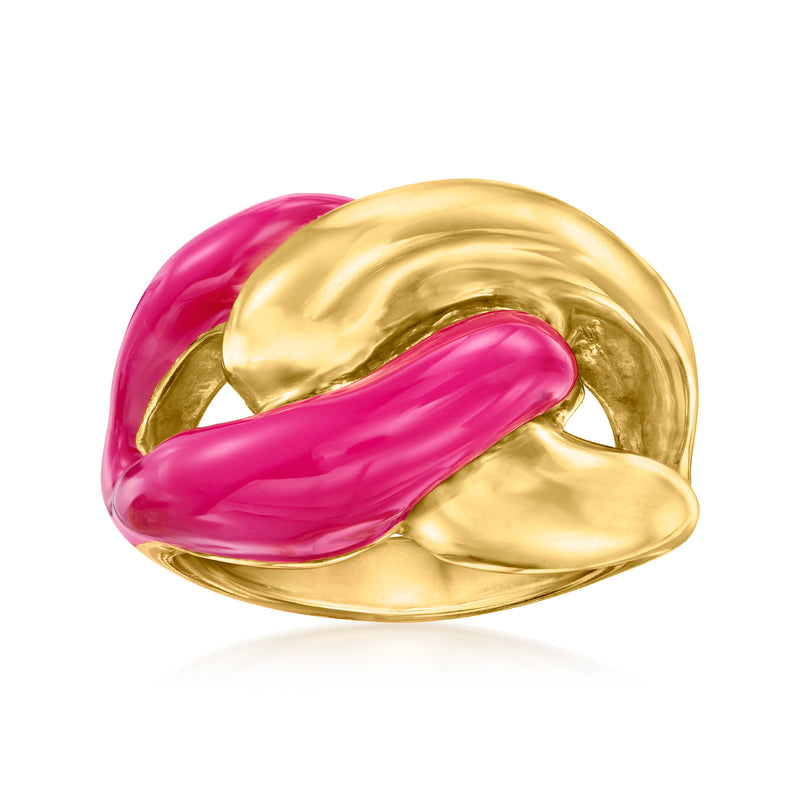 18kt gold over sterling link ring with glossy pink enamel bar